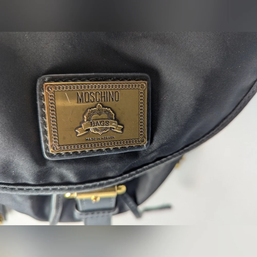MOSCHINO Black Nylon Leather Trim Backpack Gold-tone Logo